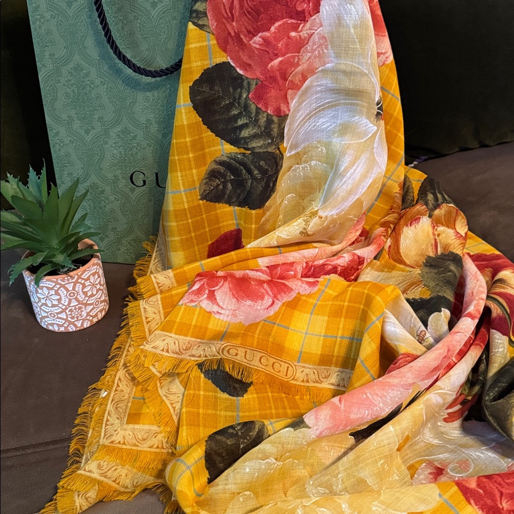 Gucci Multi Colored Large Floral Scarf/shawl & Gift Bag